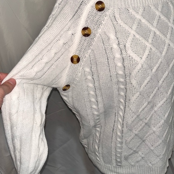White Cable Knit Sweater with Button Accents - Picture 3 of 9